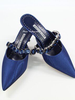 NEW MANOLO BLAHNIK Humibamu 50 Crystal Eembellished Moire Mules, Blue, EU 37.5